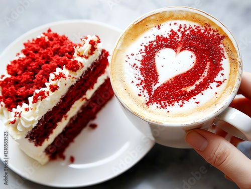 Indulging in red velvet cake and heart latte at a cozy  a close-up food photography experience