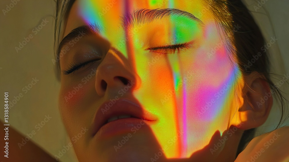 Rainbow Serenity: A Woman's Peaceful Moment