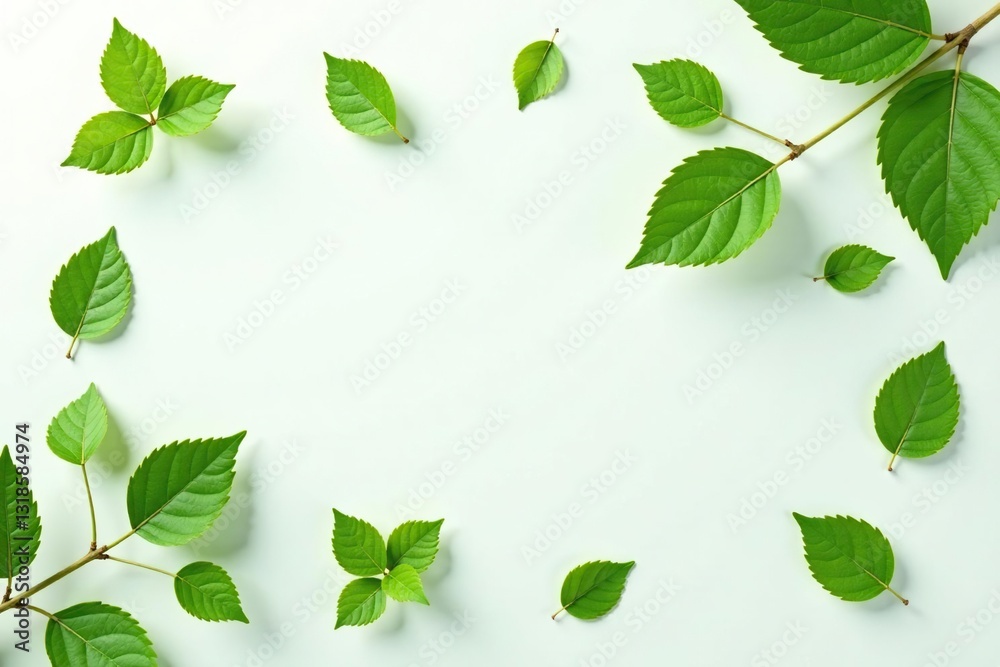 Fototapeta premium delicate leaf clusters scattered on white background, nature, leaf, green