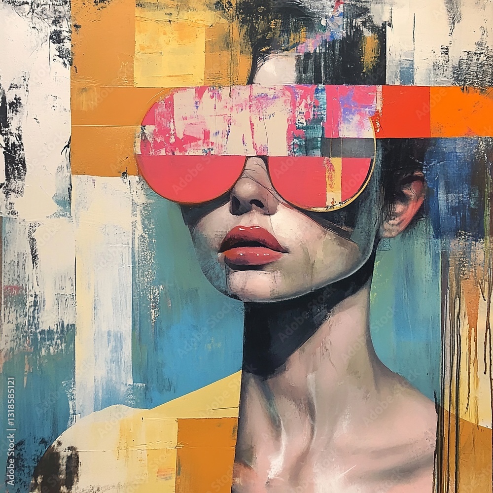 Abstract Colorful Woman Portrait with Pink Sunglasses