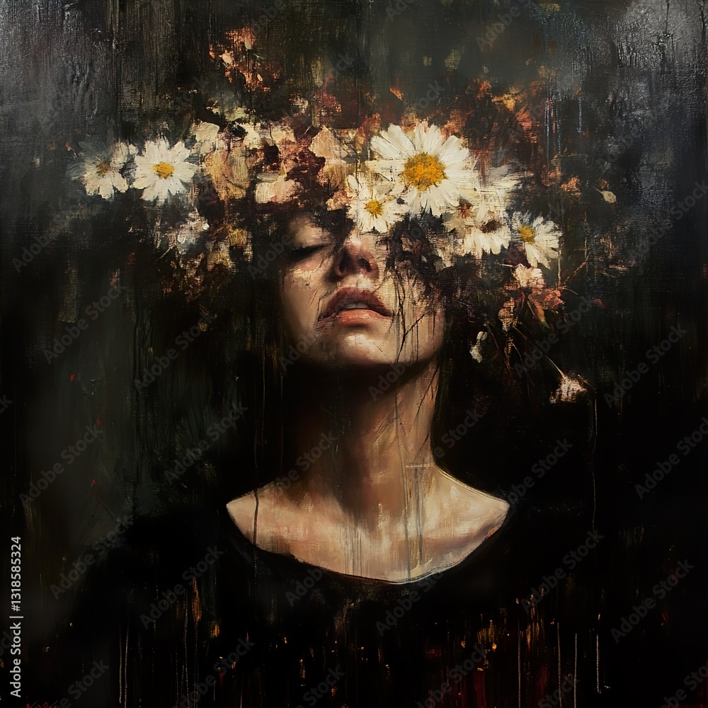 Enigmatic Woman with Flowers: A Dark, Dreamlike Portrait