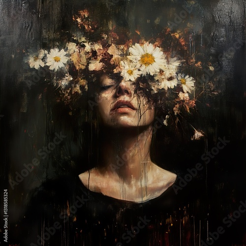 Obraz na płótnie Enigmatic Woman with Flowers: A Dark, Dreamlike Portrait w salonie