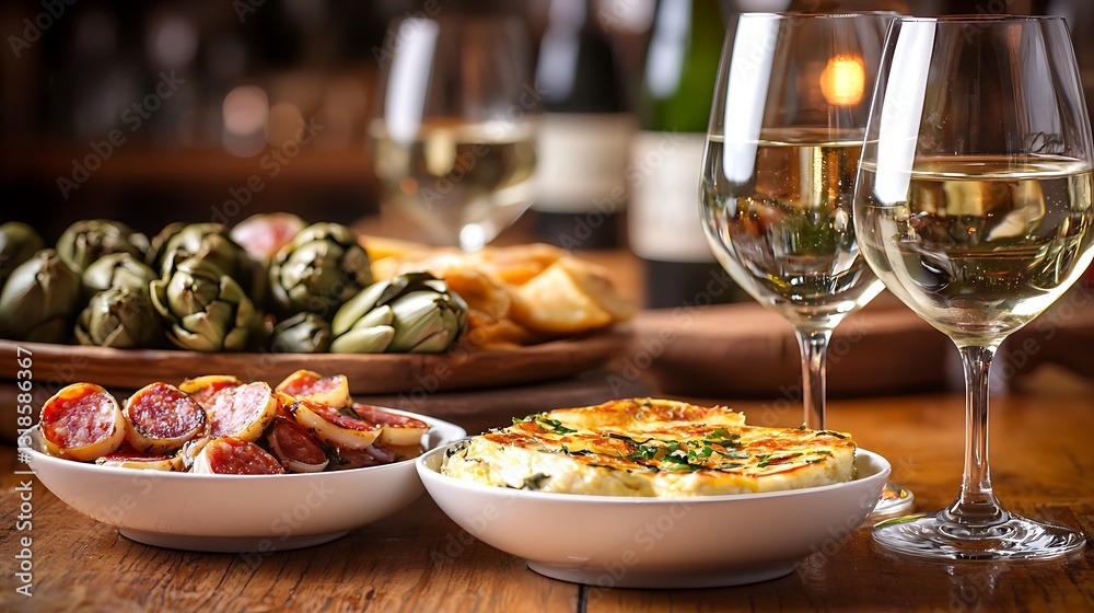 Fototapeta premium Tapas & white wine pairing close-up food photography in a cozy warm restaurant