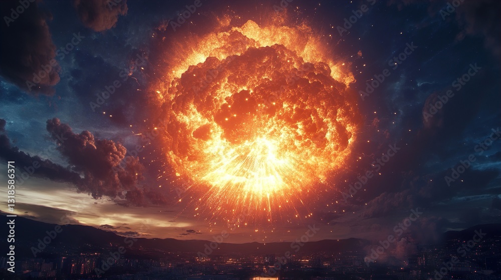 Fiery Explosion over Cityscape: Night Sky Drama