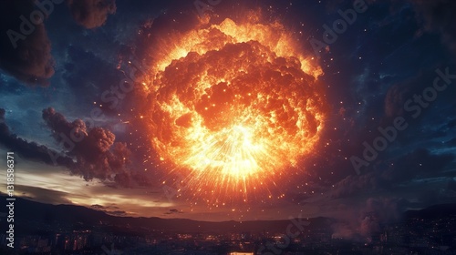Obraz na płótnie Fiery Explosion over Cityscape: Night Sky Drama w salonie