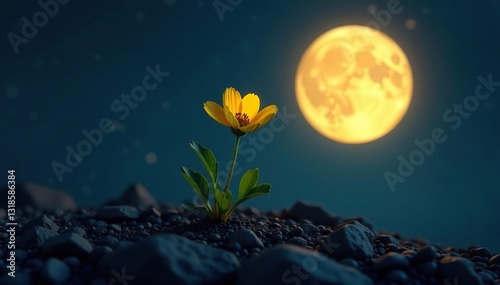 small yellow flower blooming in the crater of a full moon's glow, luna, flower