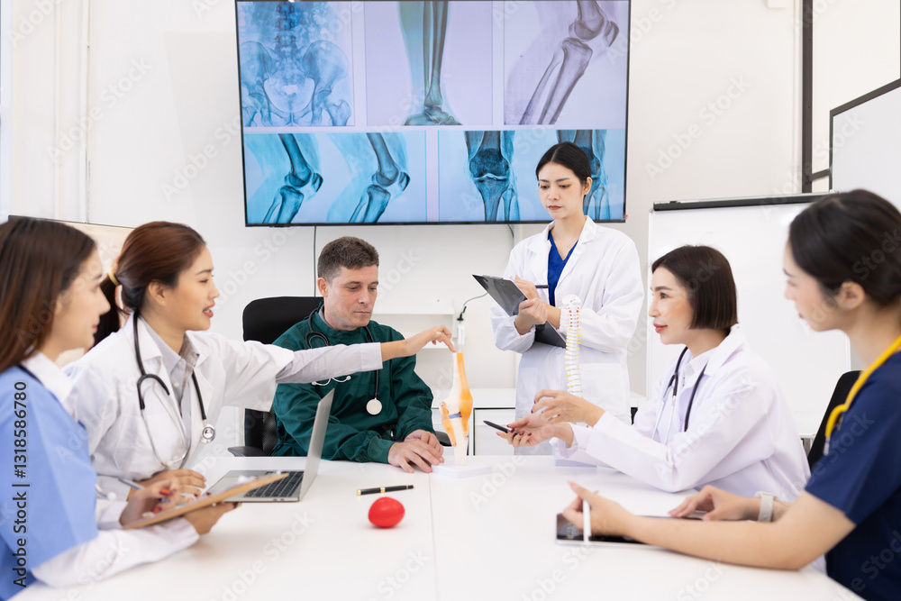 Fototapeta premium A group of doctors working together as a team in a hospital or clinic, Orthopedist doctor team, Healthcare and medical concept.