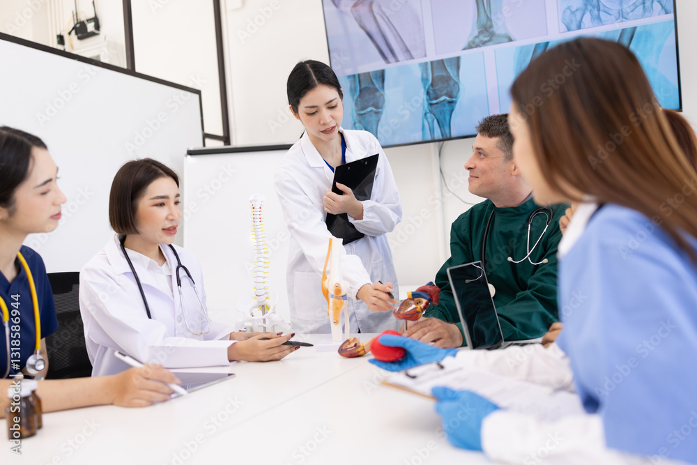 Fototapeta premium Team of doctor with human model and orthopedic surgeon, Healthcare and medical concept.