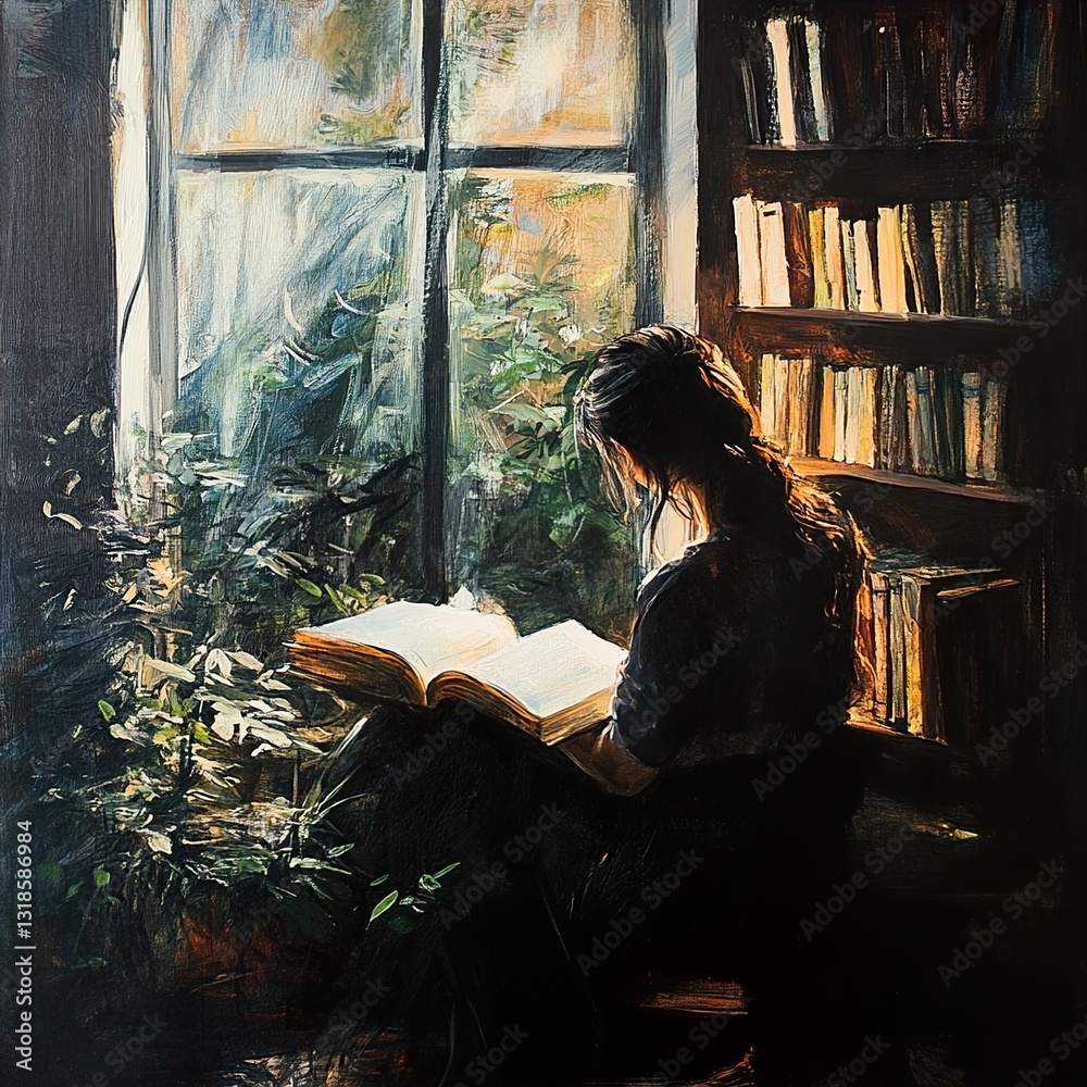 Woman Reading a Book by the Window in a Cozy Room