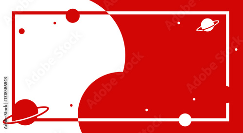 Red and white space-themed frame with planets and abstract elements