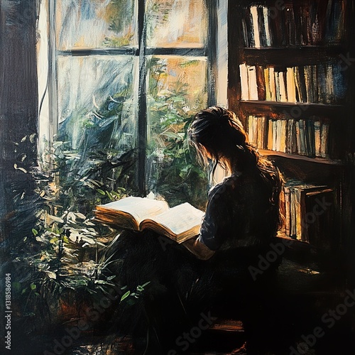 Obraz na płótnie Woman Reading a Book by the Window in a Cozy Room w salonie