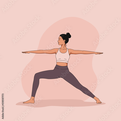 Young woman practicing yoga warrior pose on pastel background