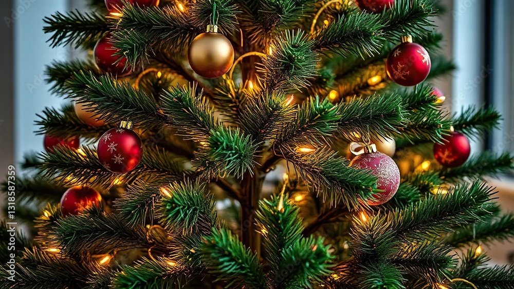 Decorated green Christmas tree with ornaments and lights, twinkling lights, lighting Decorated green Christmas tree with ornaments and lights, twinkling lights, lighting