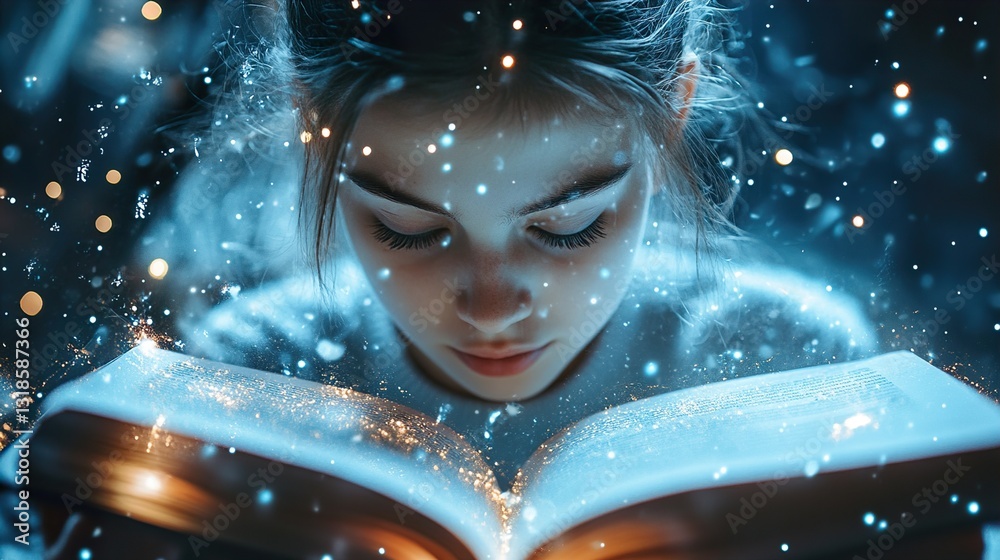Mystical Girl Reading a Magical Book: A Fantasy Scene