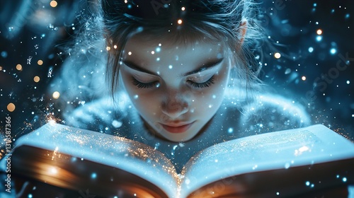 Obraz na płótnie Mystical Girl Reading a Magical Book: A Fantasy Scene w salonie