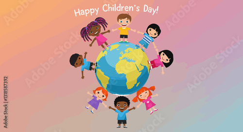 Children of different cultures holding hands around Earth for Children's Day