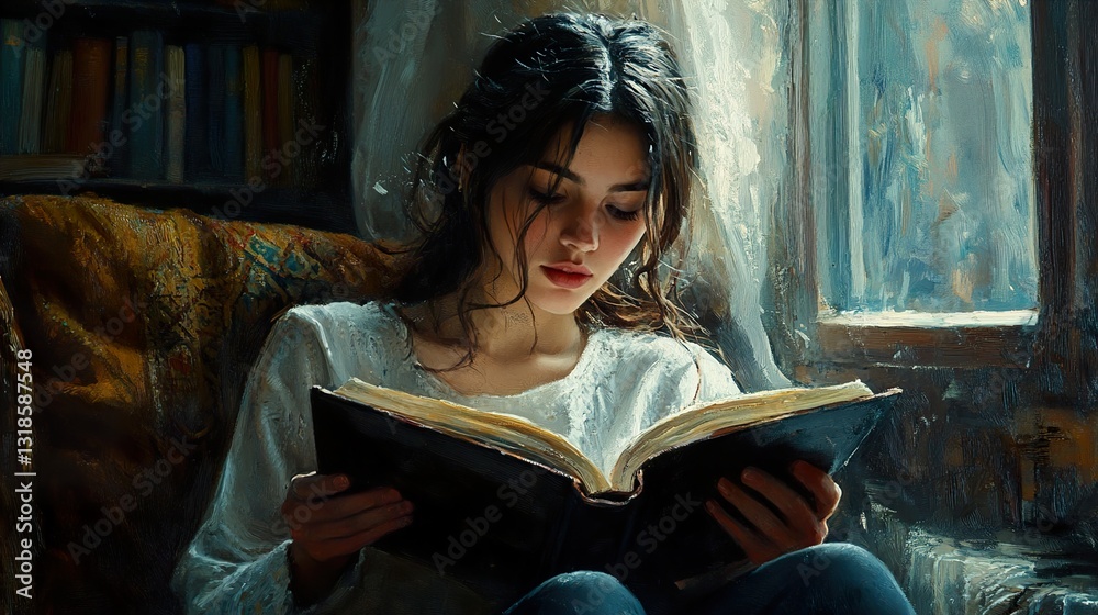 Woman Reading a Book by the Window