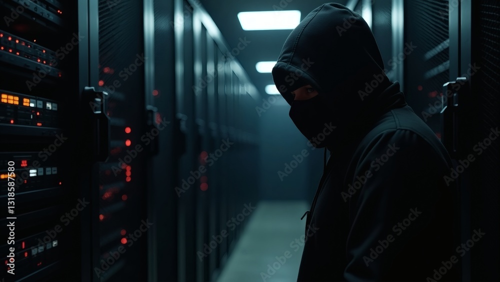 a mysterious hooded person standing in a server room, indicating cyber crime a mysterious hooded person standing in a server room, indicating cyber crime