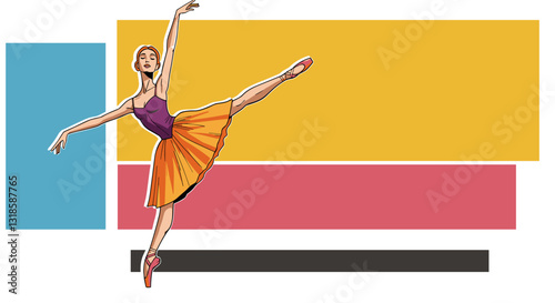 Elegant ballerina dancing in orange tutu with copy space