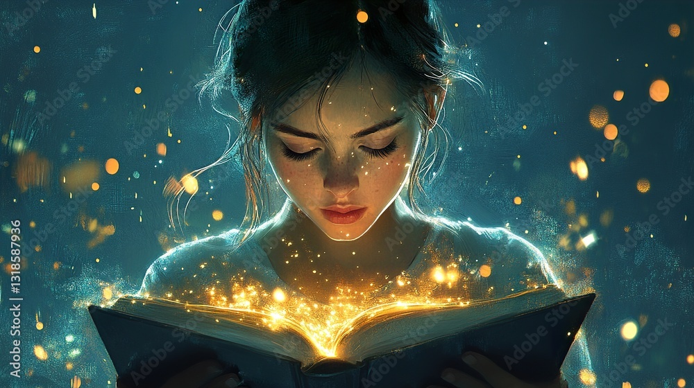 Mystical Girl Reading a Magical Book