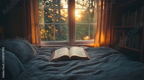 Obraz na płótnie Peaceful Sunrise Reading: Cozy Bedroom Book Nook w salonie