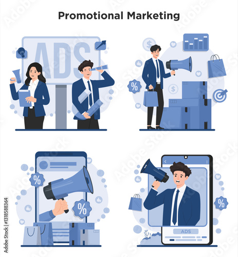 Promotional marketing product digital ads concept set highlighting brand awareness, online advertising, and customer engagement