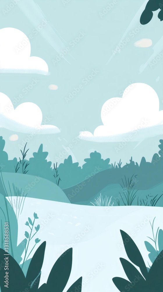 Obraz premium Peaceful river winding between verdant hills, serene sky with billowing white clouds casting gentle light on landscape