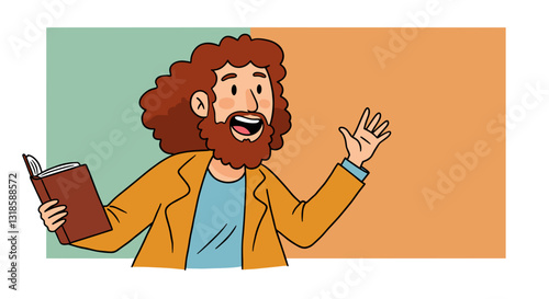 Cartoon professor with curly hair and book presenting a lecture