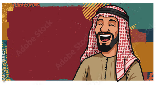 Laughing Middle Eastern man in keffiyeh on artistic background