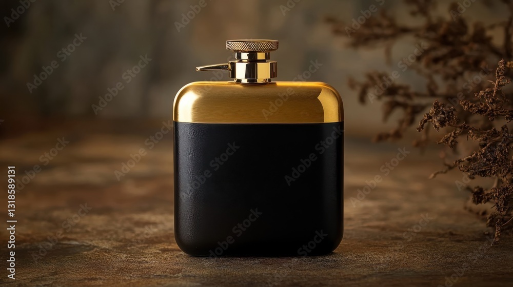 A sophisticated black and gold flask against a brown background A sophisticated black and gold flask against a brown background