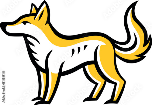 A white fox with a bushy tail and elegant stance in a clean design