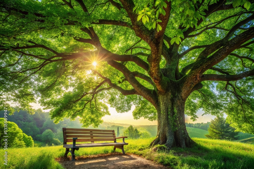 Serene Park Bench Under Lush Tree: Peaceful Relaxation Scene Serene Park Bench Under Lush Tree: Peaceful Relaxation Scene