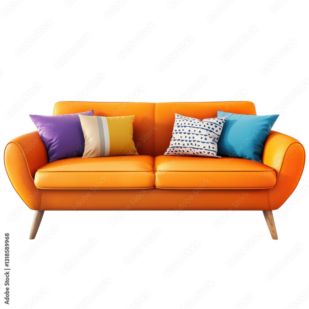 Fototapeta premium Vibrant Orange Couch Living Room on transparent Background.