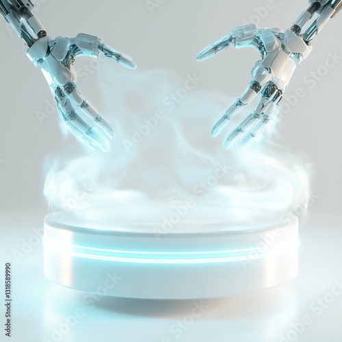Floating translucent podium surrounded by vapor with robotic hands reaching out