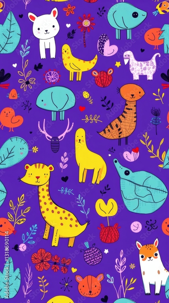 a collection of various adorable cartoon animals and plants. The seamless pattern features charming illustrations set against a colorful backdrop a collection of various adorable cartoon animals and plants. The seamless pattern features charming illustrations set against a colorful backdrop