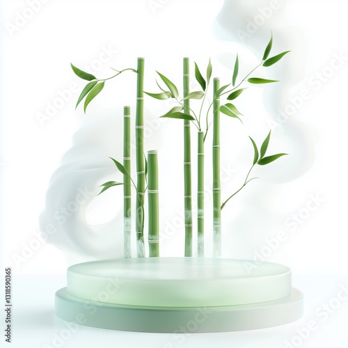 Floating translucent podium surrounded by bamboo and soft mist creates a serene atmosphere