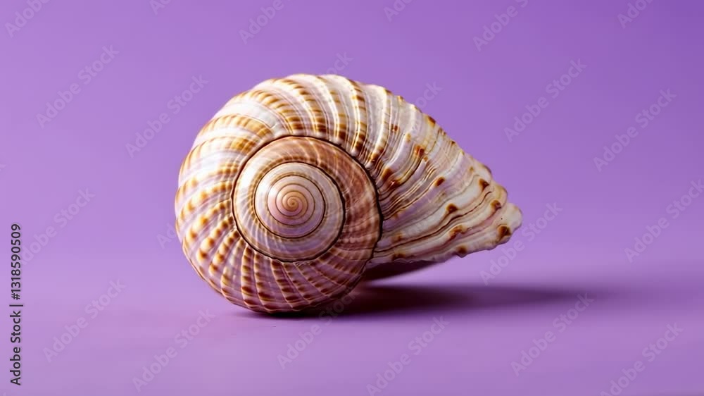 Rotating seashell on purple background highlighting natural patterns and texture