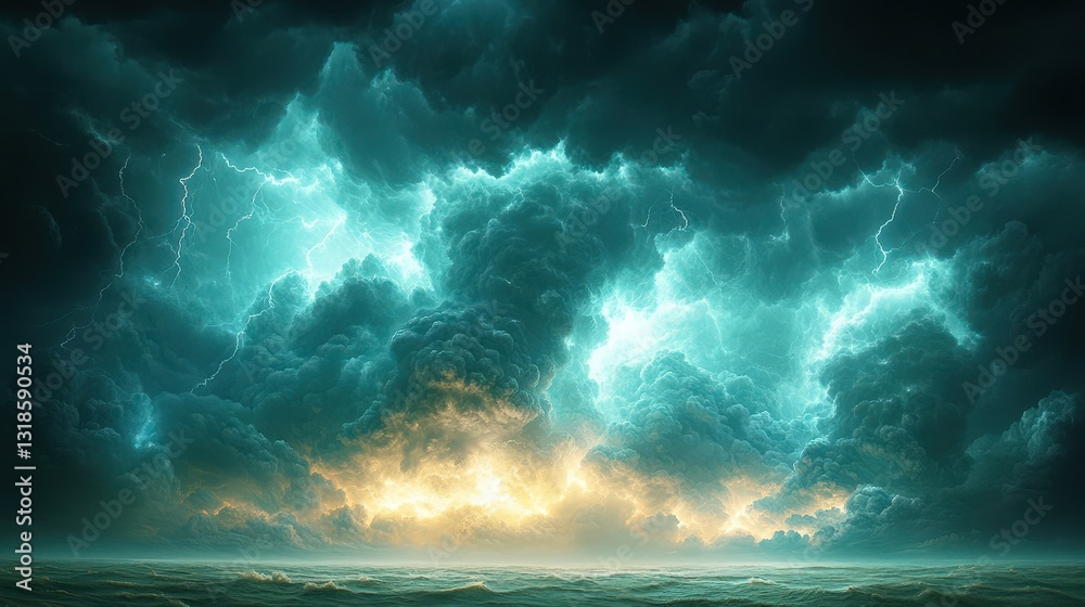 Fototapeta premium Dramatic storm clouds swirl ominously as lightning illuminates the horizon at dusk over a turbulent sea