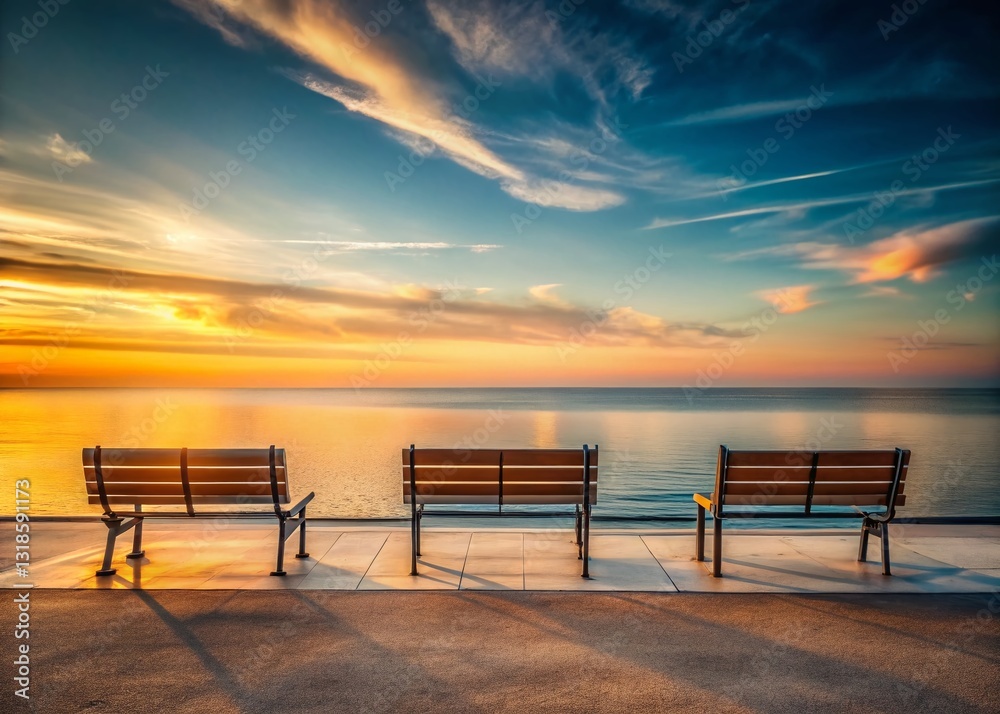 Serene Seascape: Empty Benches by the Ocean at Sunset Serene Seascape: Empty Benches by the Ocean at Sunset