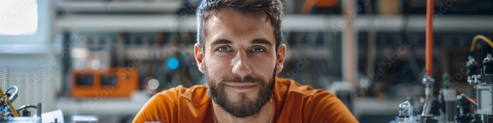Portrait of a young man against the background of a workshop. Portrait of a young man against the background of a workshop.