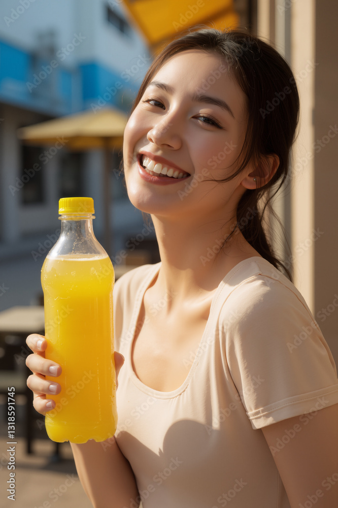 Happy Asian Woman Outdoors Enjoying a Refreshing Drink Happy Asian Woman Outdoors Enjoying a Refreshing Drink