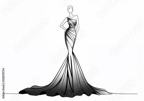 Elegant black and white fashion sketch of a gown