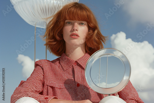A young woman with red hair and a checkered red shirt sits against a sky backdrop holding a round mirror. A contemporary take on fashion portraiture with surreal elements.