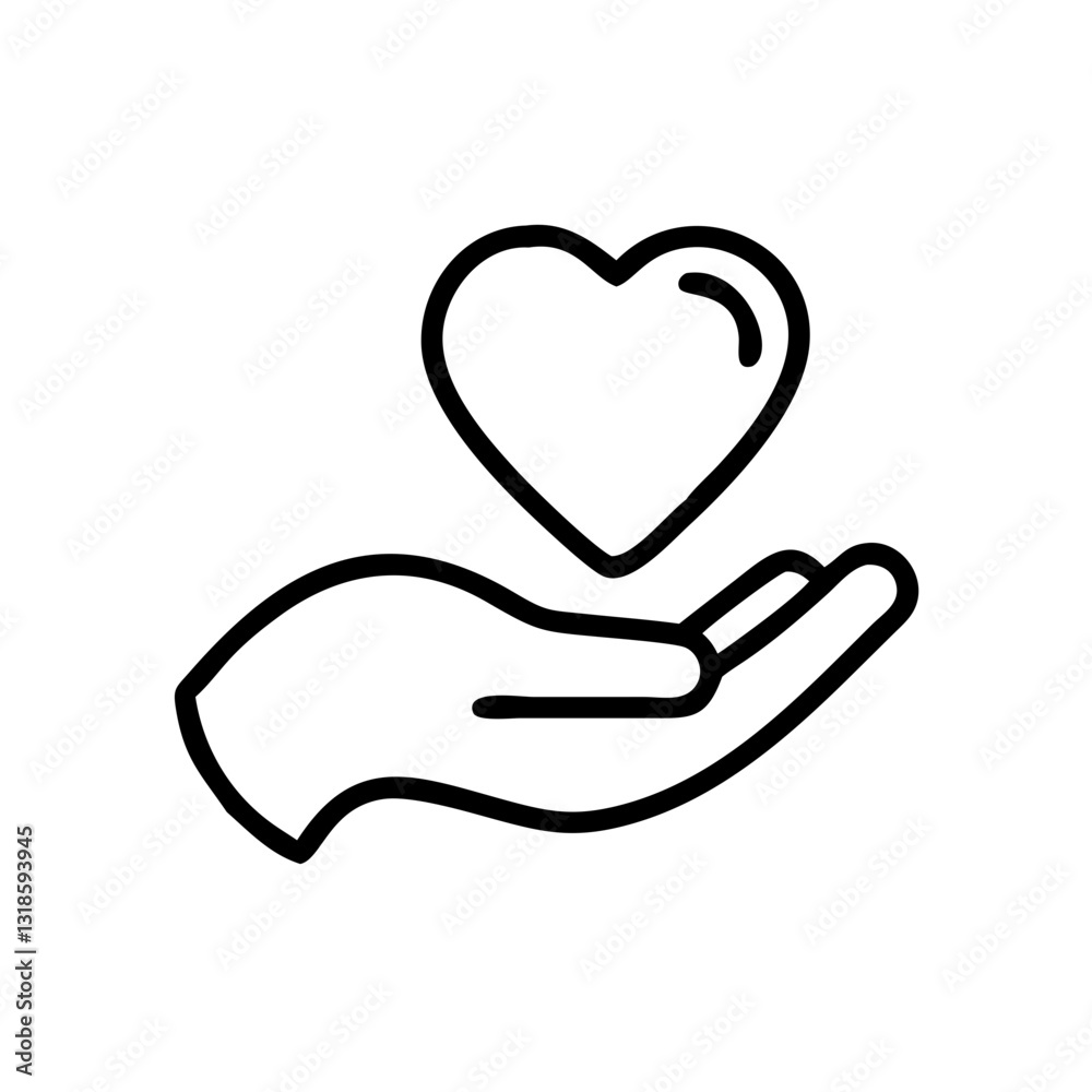 Hand holding heart line icon in black and white Hand holding heart line icon in black and white
