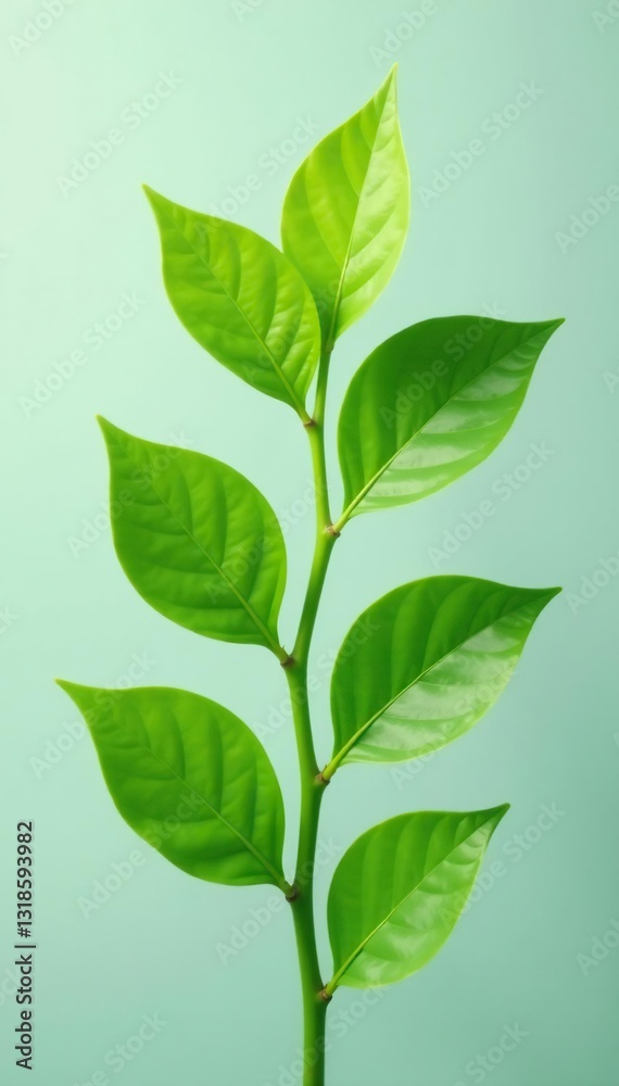 Fototapeta premium Delicate green leaves unfurl from a central stem on a plain background, leafy, plant