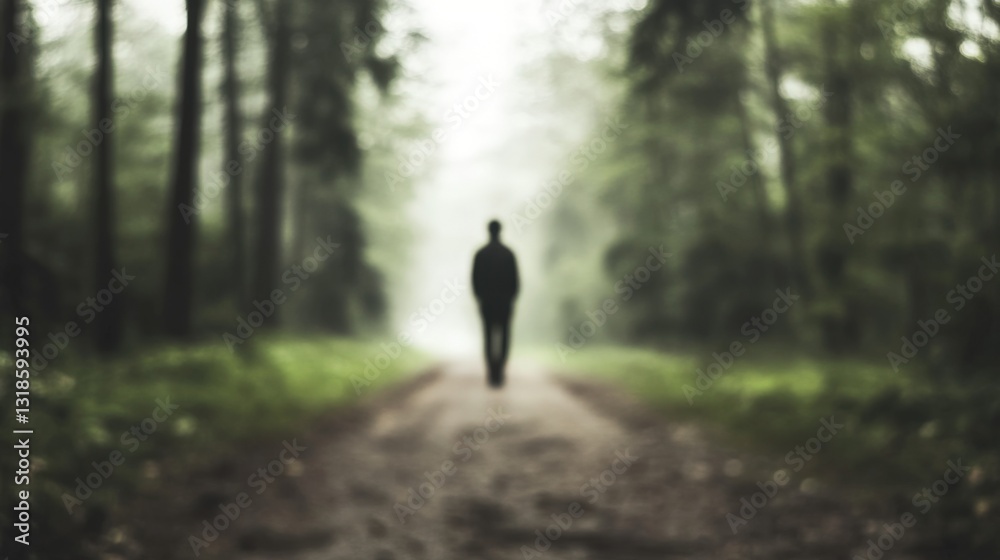 Person walking through misty forest Person walking through misty forest