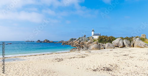 A scenic view of a white lighthouse on a rocky coastline overlooking a sandy beach with turquoise waters under a blue sky, capturing the beauty of the French coast. brittany