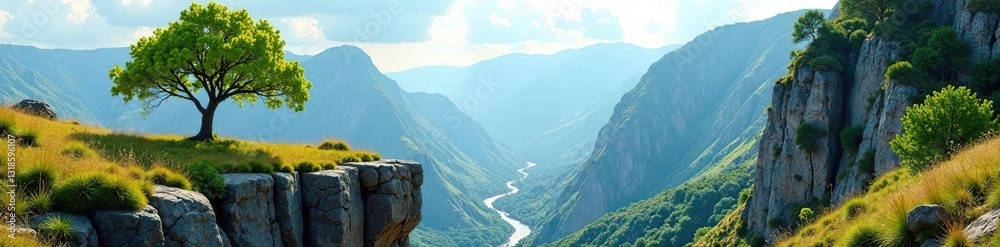 Naklejka premium Isolated tree on a rocky cliffside with wildflowers, countryside, fauna