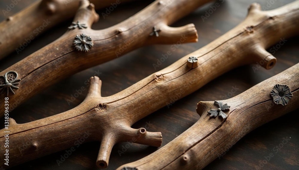 Fototapeta premium Isolated wooden branches with intricate carvings and a rustic background, isolated, neutral