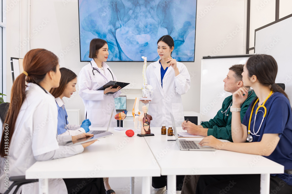 Fototapeta premium A group of doctors working together as a team in a hospital or clinic, Orthopedist doctor team, Healthcare and medical concept.